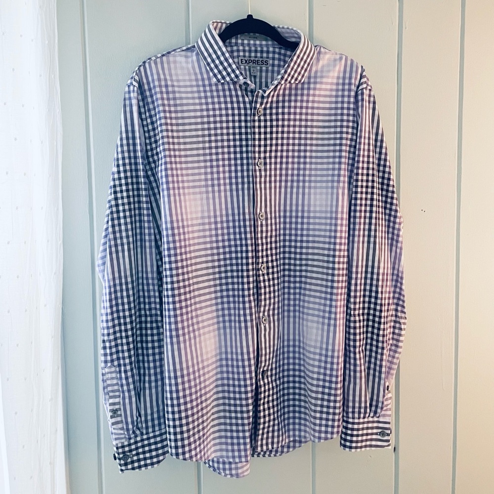 NWOT Express Fitted Purple Checked Button Up Dress Shirt / L